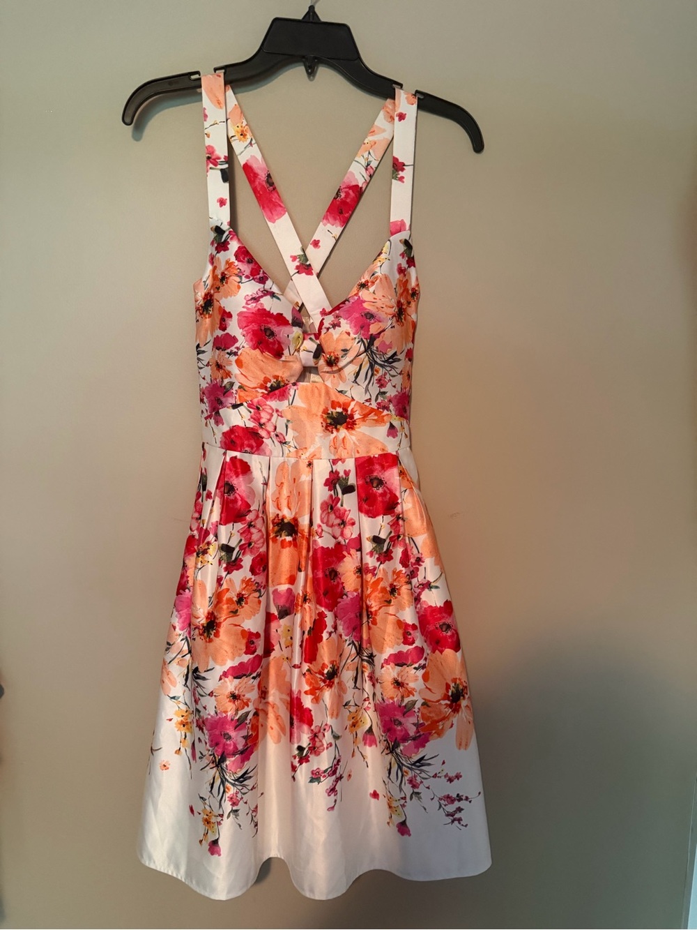 Vera Mont White Floral Midi Dress with Pink and Orange Blossoms With Pockets